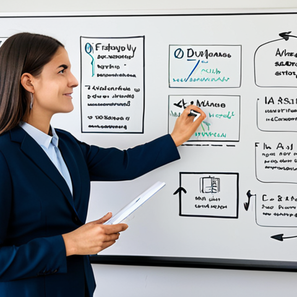 A professional individual, fully clothed in a modest business outfit, standing confidently next to a large whiteboard. They are actively drawing simple, clear diagrams and connecting ideas with lines and arrows, embodying the "Feynman Technique" of explaining complex concepts in an understandable manner. The individual is gesturing with one hand, looking towards an unseen audience, their expression reflecting clarity and deep comprehension. The setting is a brightly lit, modern learning space or a clean, minimalist office, with natural light streaming in. Professional photography, high resolution, perfect anatomy, correct proportions, natural pose, well-formed hands, proper finger count, safe for work, appropriate content, fully clothed, professional dress, modest clothing, family-friendly.