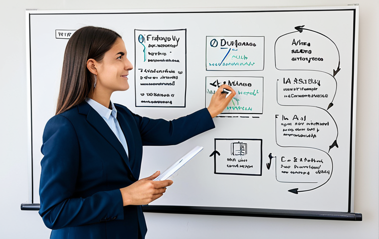 A professional individual, fully clothed in a modest business outfit, standing confidently next to a large whiteboard. They are actively drawing simple, clear diagrams and connecting ideas with lines and arrows, embodying the "Feynman Technique" of explaining complex concepts in an understandable manner. The individual is gesturing with one hand, looking towards an unseen audience, their expression reflecting clarity and deep comprehension. The setting is a brightly lit, modern learning space or a clean, minimalist office, with natural light streaming in. Professional photography, high resolution, perfect anatomy, correct proportions, natural pose, well-formed hands, proper finger count, safe for work, appropriate content, fully clothed, professional dress, modest clothing, family-friendly.